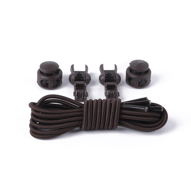 Brown stylish elastic laces set with 2 spring buckles and tail clips for sports shoes, perfect for no-tie convenience.